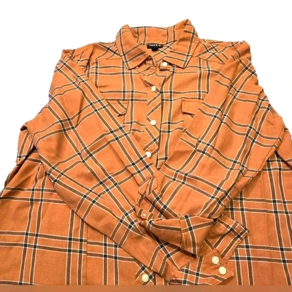 Torrid, Size XL, Dusty Orange Plaid Twill Button-Up Shirt - Picture 1 of 9